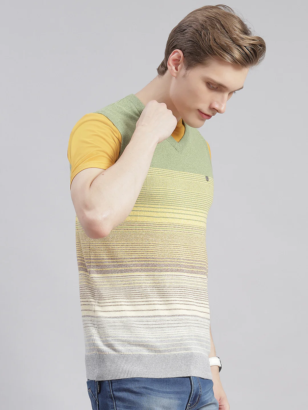 Men Olive Stripe V Neck Sleeveless Sweaters/Pullovers - Image 4
