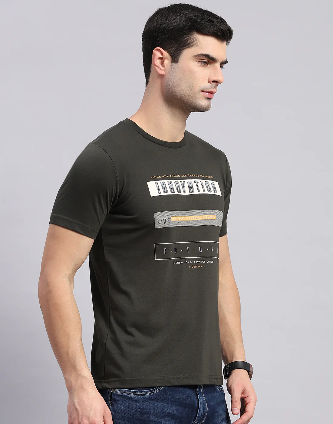 Men Olive & Yellow Solid Round Neck Half Sleeve T-Shirt - Image 5