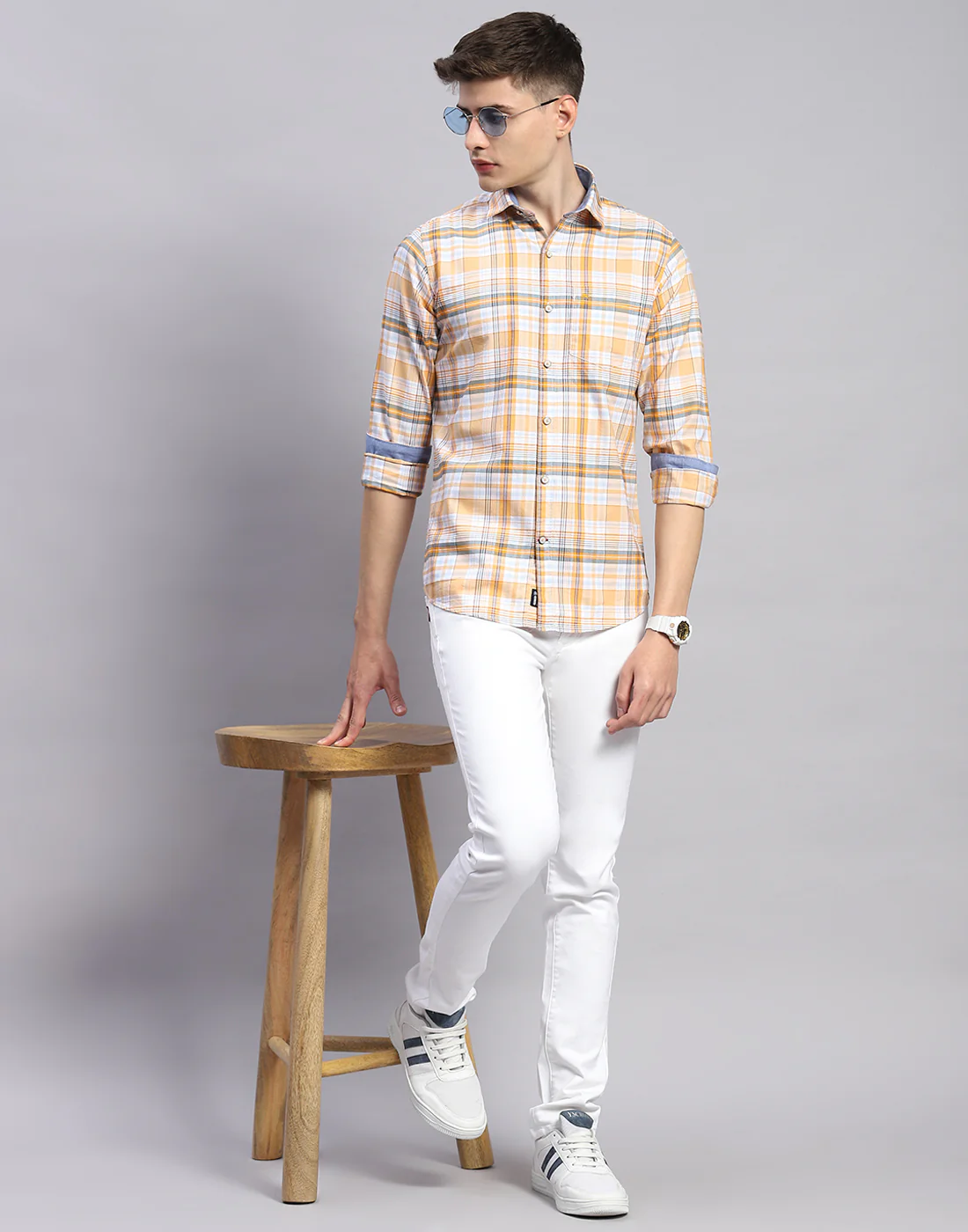 Men Orange Check Collar Full Sleeve Shirt - Image 2