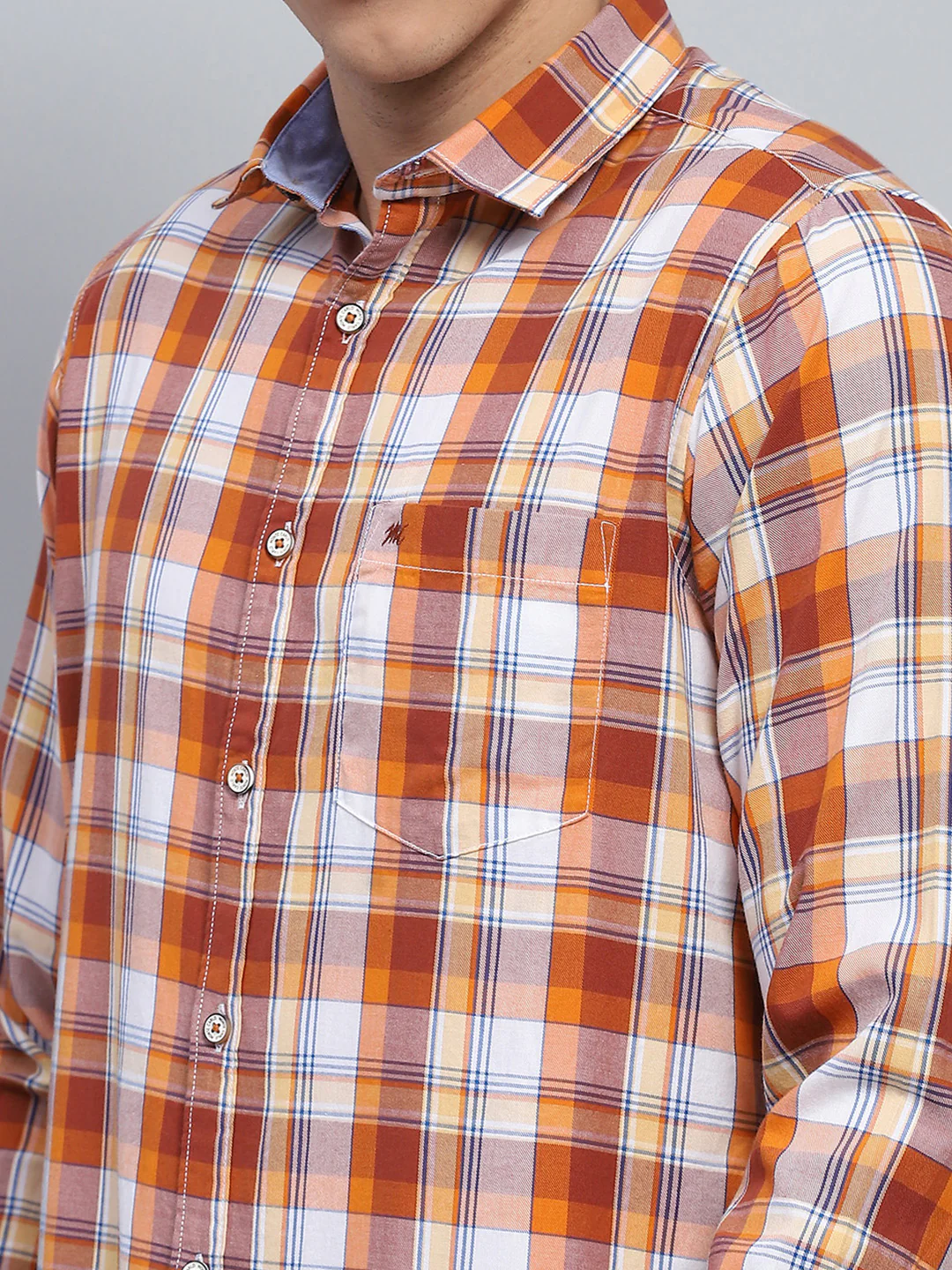 Men Orange Check Collar Full Sleeve Shirt - Image 6