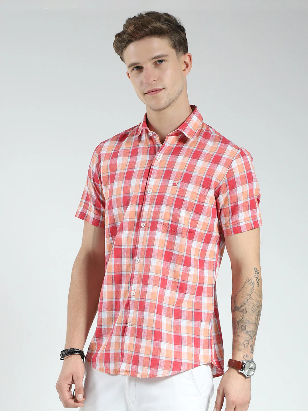 Men Orange Check Collar Half Sleeve Linen Shirt - Image 3