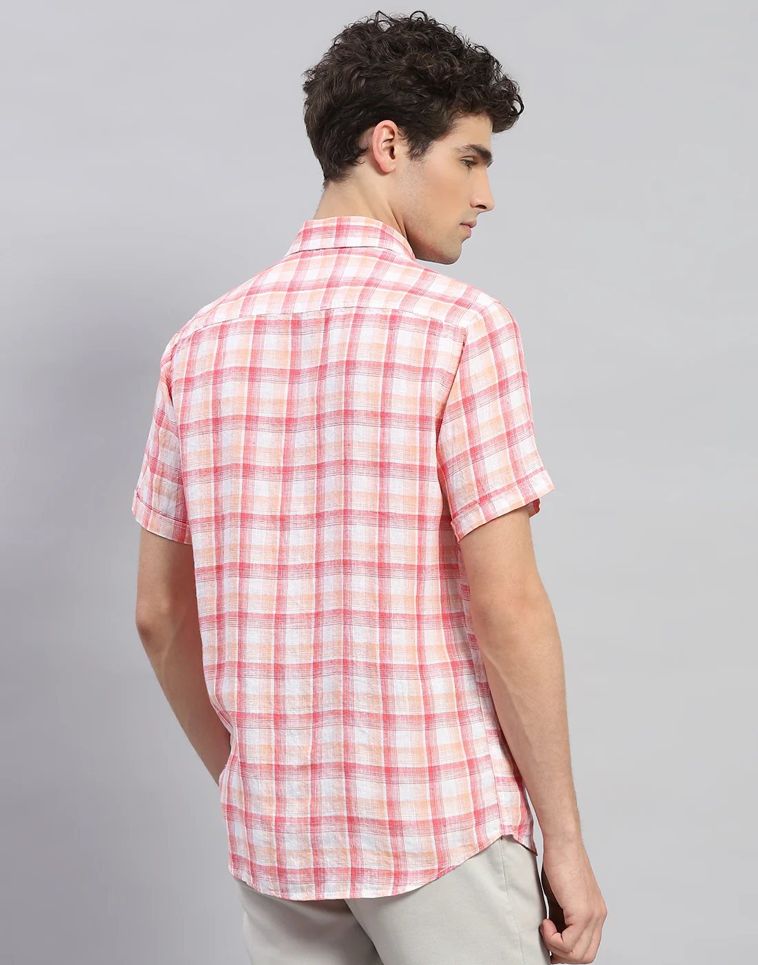 Men Orange Check Collar Neck Half Sleeve Linen Shirt - Image 5