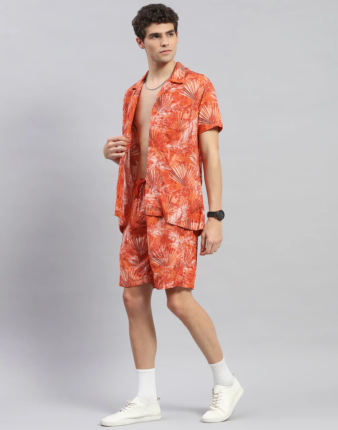 Men Orange Floral Print Round Neck Half Sleeve Cords Set - Image 3