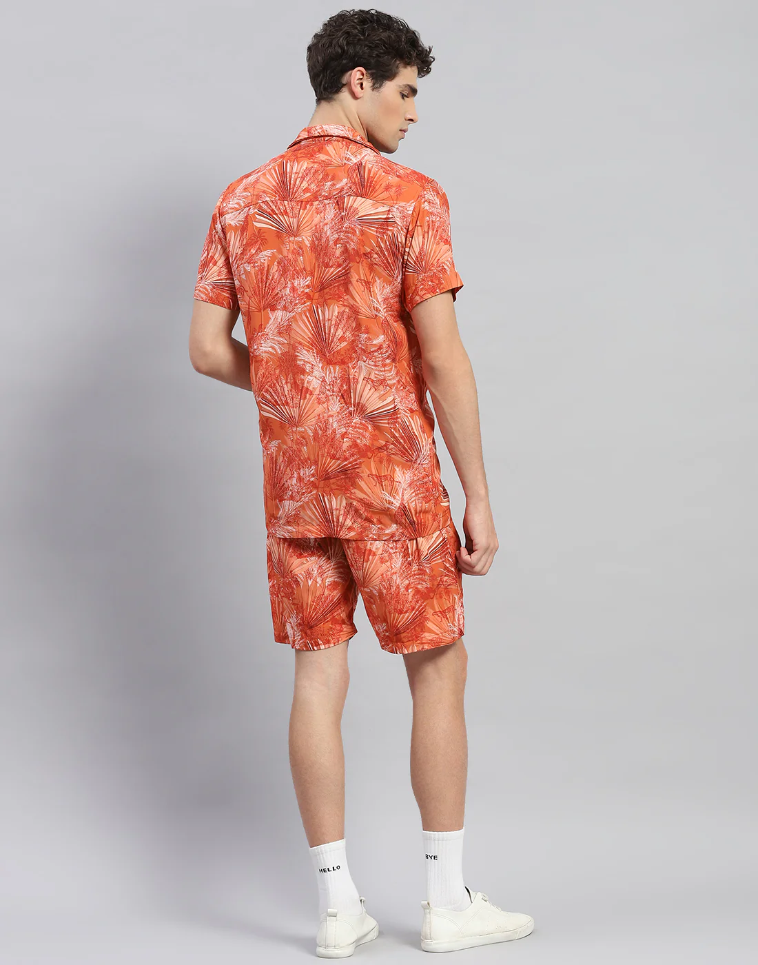 Men Orange Floral Print Round Neck Half Sleeve Cords Set - Image 5