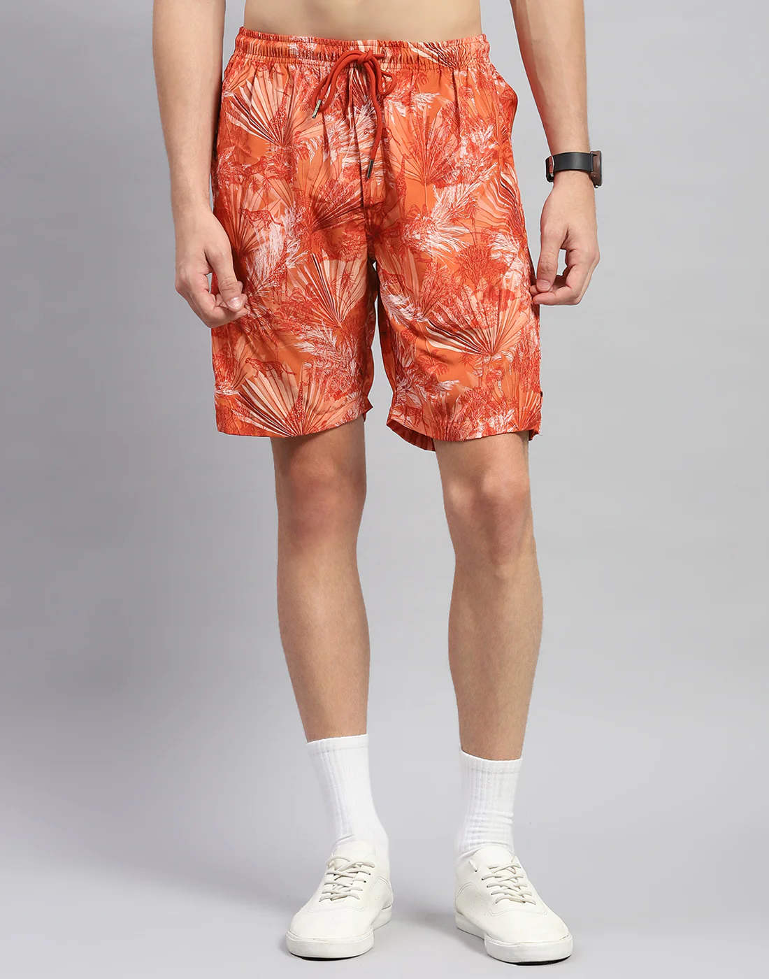 Men Orange Floral Print Round Neck Half Sleeve Cords Set - Image 7