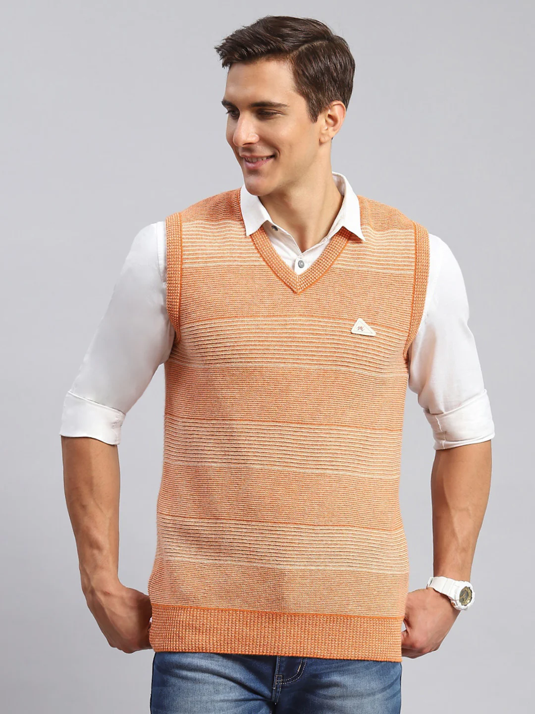 Men Orange Jaquard Lamb wool Sweater - Image 2
