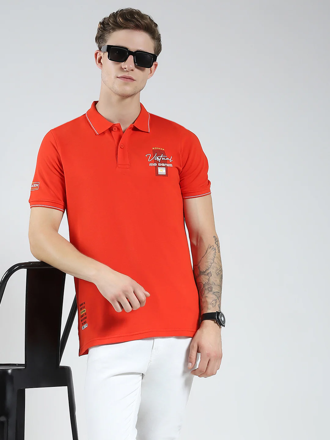 Men Orange Printed Collar Half Sleeve T-Shirt - Image 6