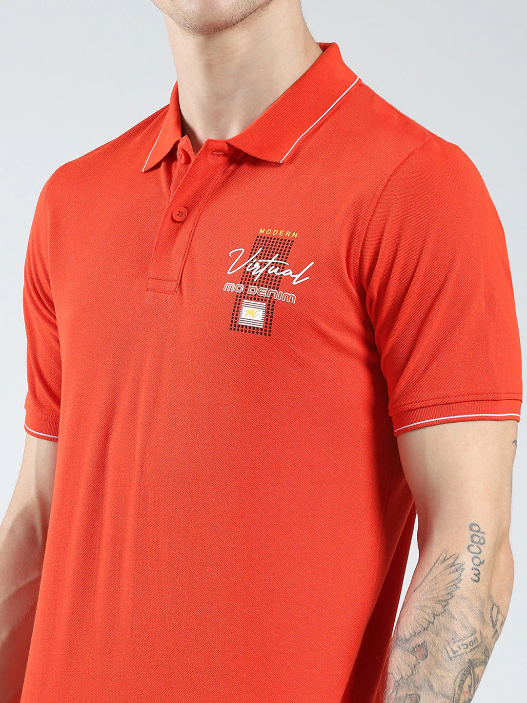 Men Orange Printed Collar Half Sleeve T-Shirt - Image 7