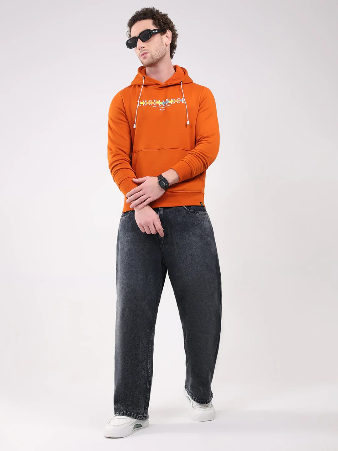 Men Orange Printed Hooded Full Sleeve Sweatshirt - Image 2