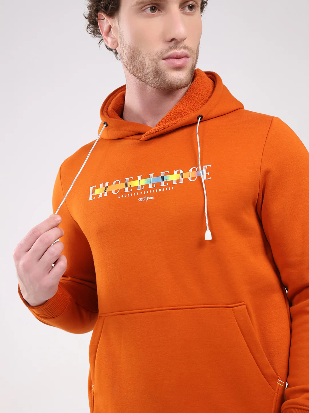 Men Orange Printed Hooded Full Sleeve Sweatshirt - Image 6