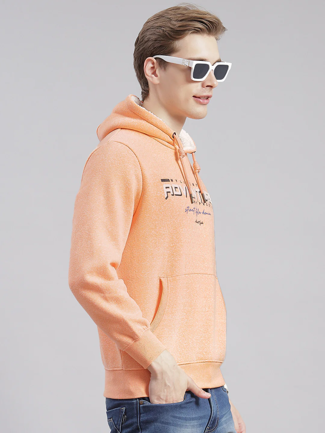 Men Orange Printed Hooded Full Sleeve Sweatshirts - Image 5
