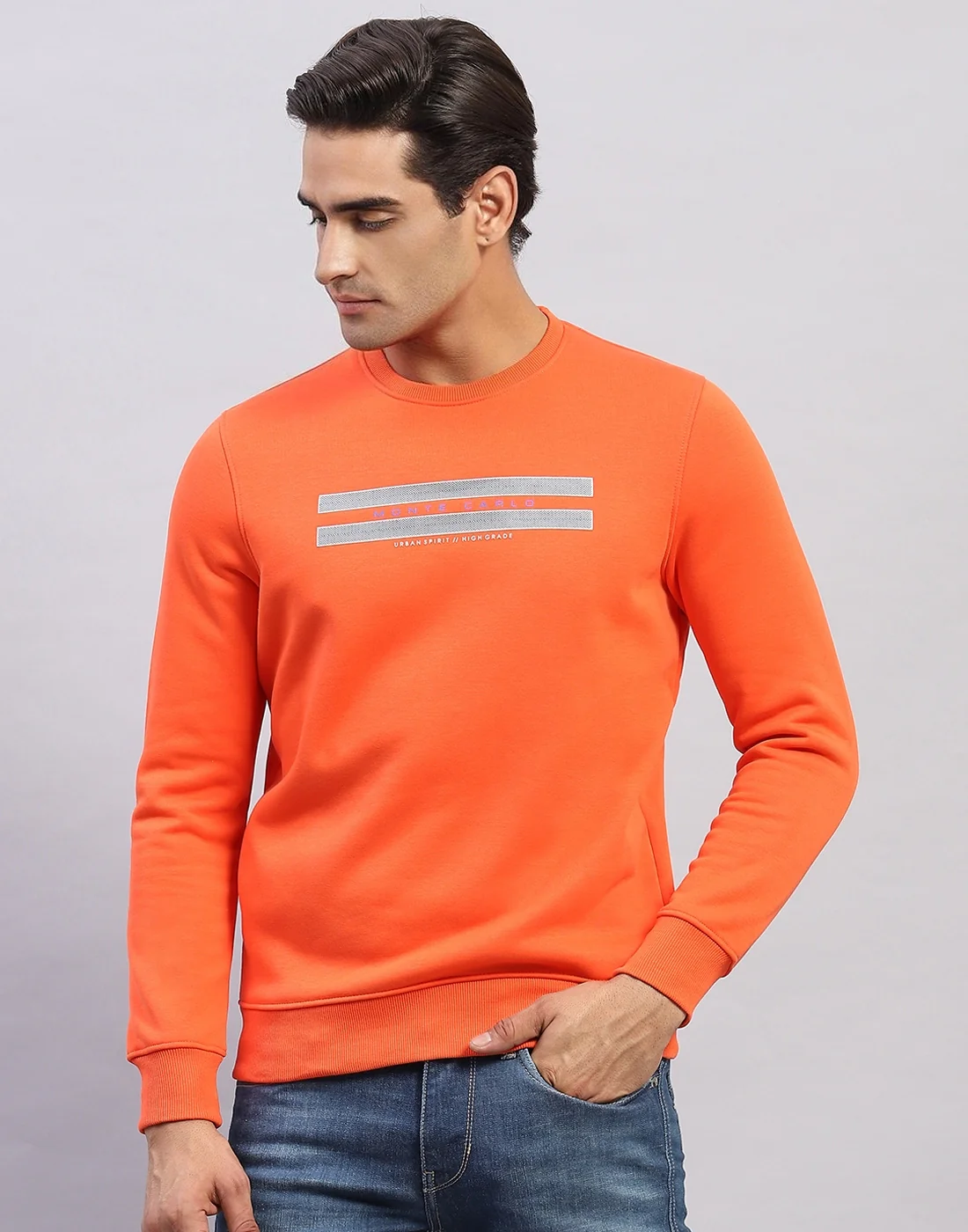 Men Orange Printed Round Neck Full Sleeve Sweatshirt - Image 2