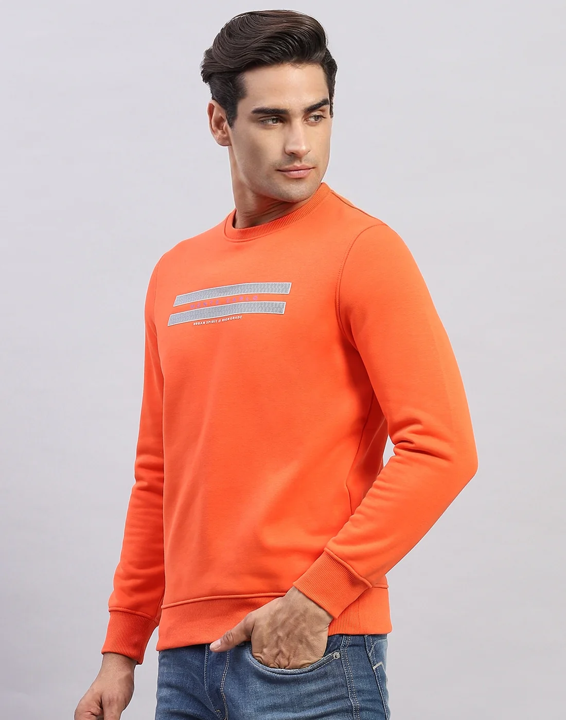 Men Orange Printed Round Neck Full Sleeve Sweatshirt - Image 3