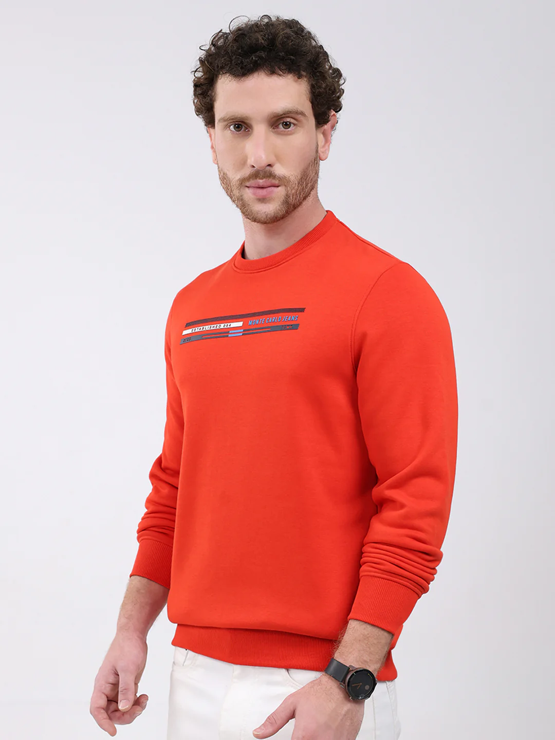 Men Orange Printed Round Neck Full Sleeve Sweatshirt - Image 3