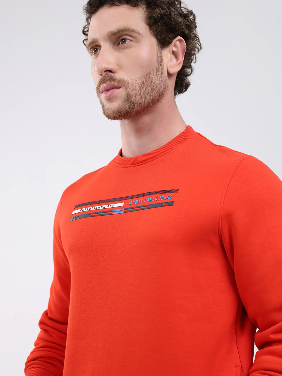 Men Orange Printed Round Neck Full Sleeve Sweatshirt - Image 6