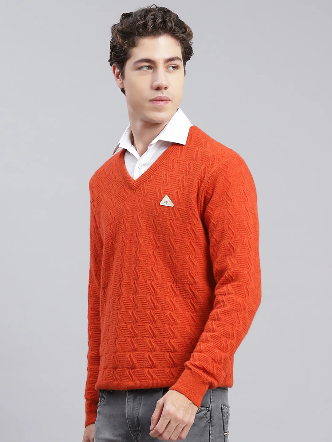 Men Orange Self Design Lamb wool Pullover - Image 4