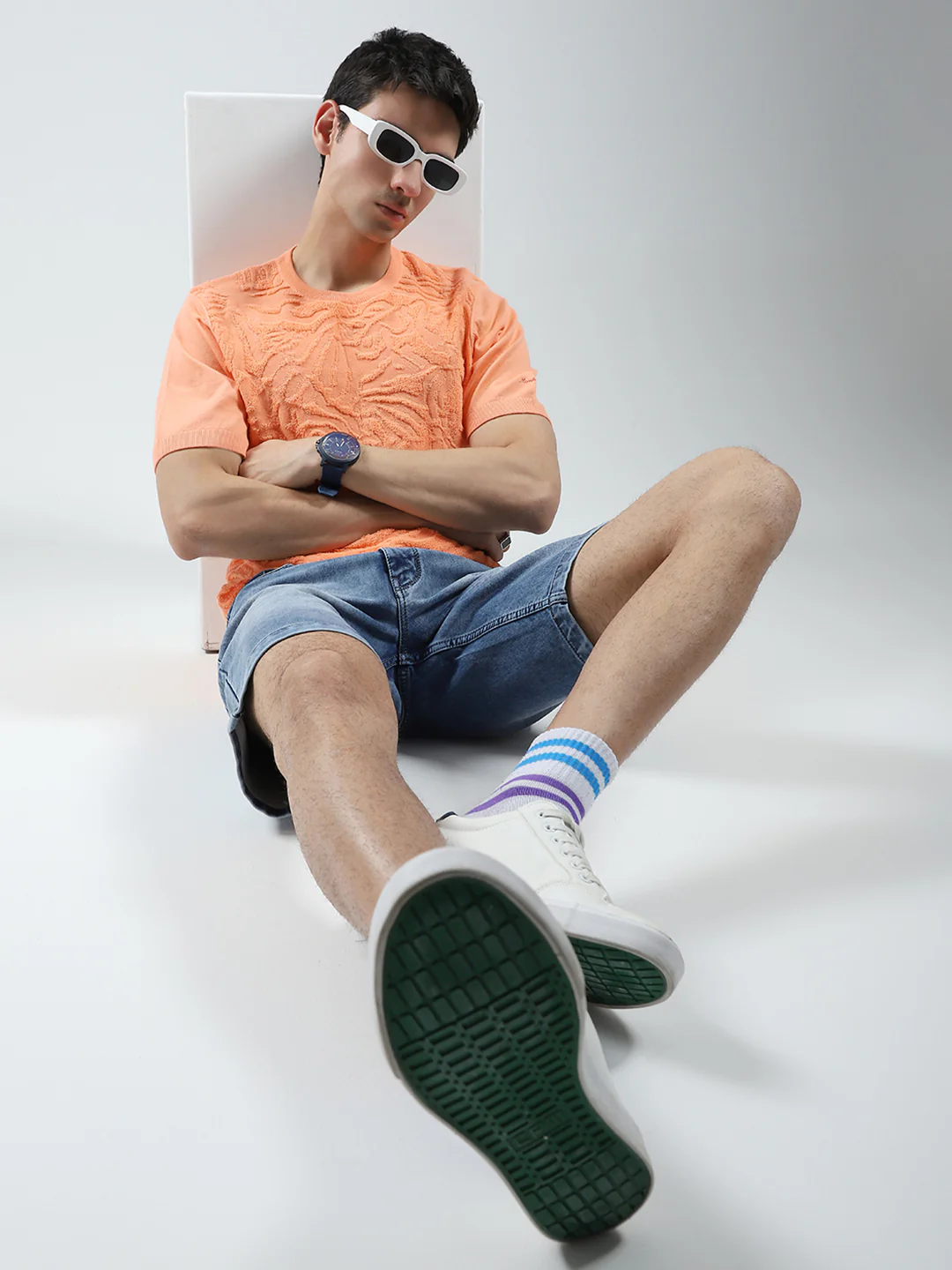 Men Orange Self Design Round Neck Half Sleeve T-Shirt - Image 2