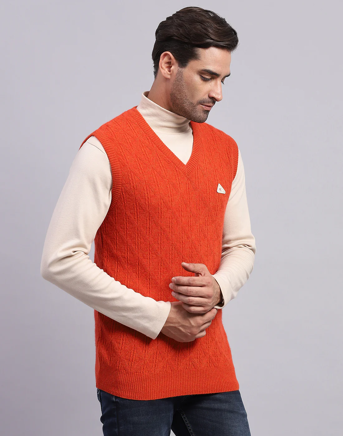 Men Orange Self Design V Neck Sleeveless Sweater - Image 4
