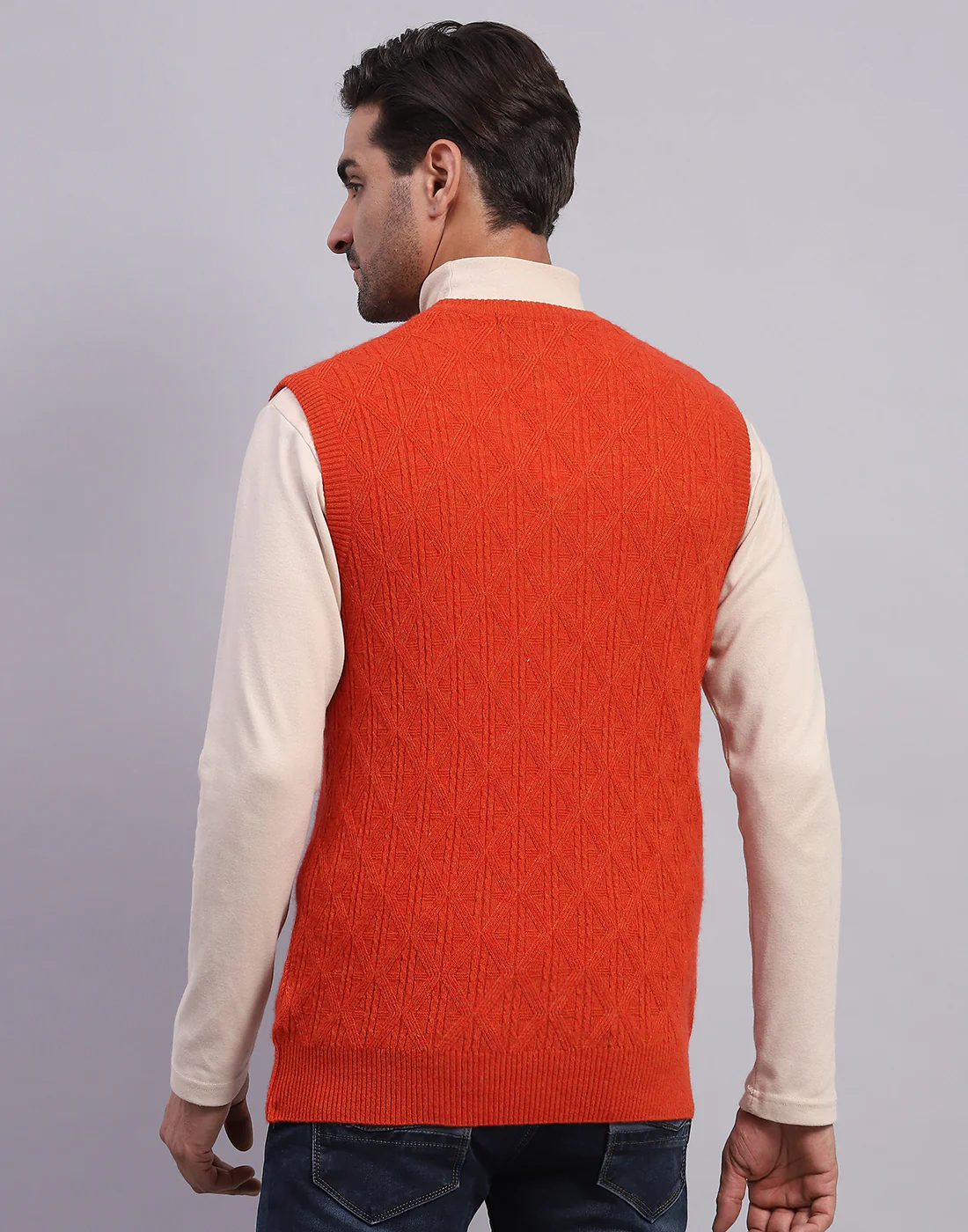 Men Orange Self Design V Neck Sleeveless Sweater - Image 5