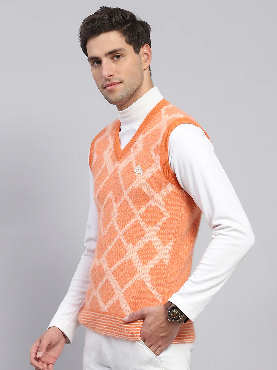Men Orange Self Design V Neck Sleeveless Sweater - Image 3