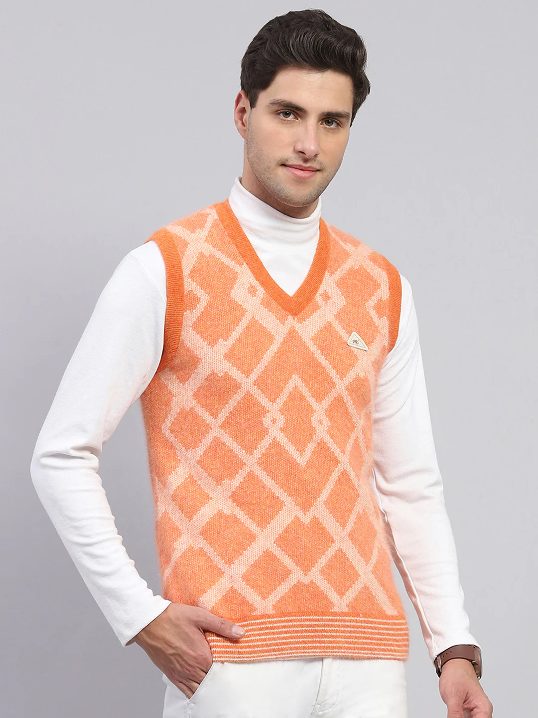 Men Orange Self Design V Neck Sleeveless Sweater - Image 4