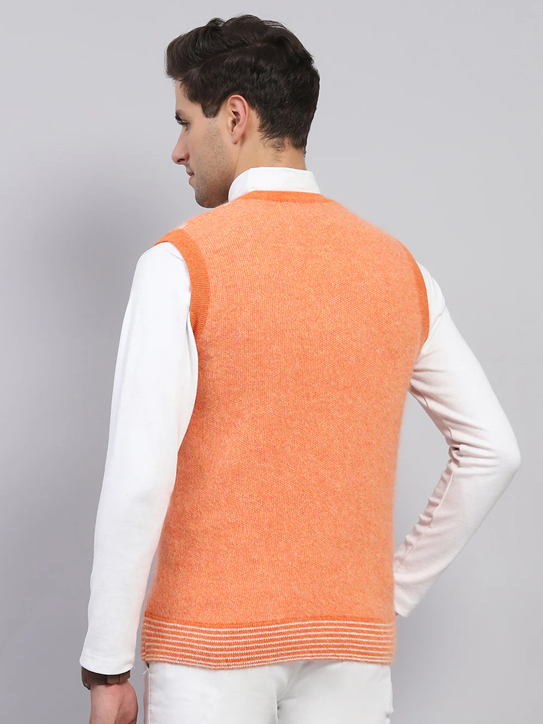 Men Orange Self Design V Neck Sleeveless Sweater - Image 5