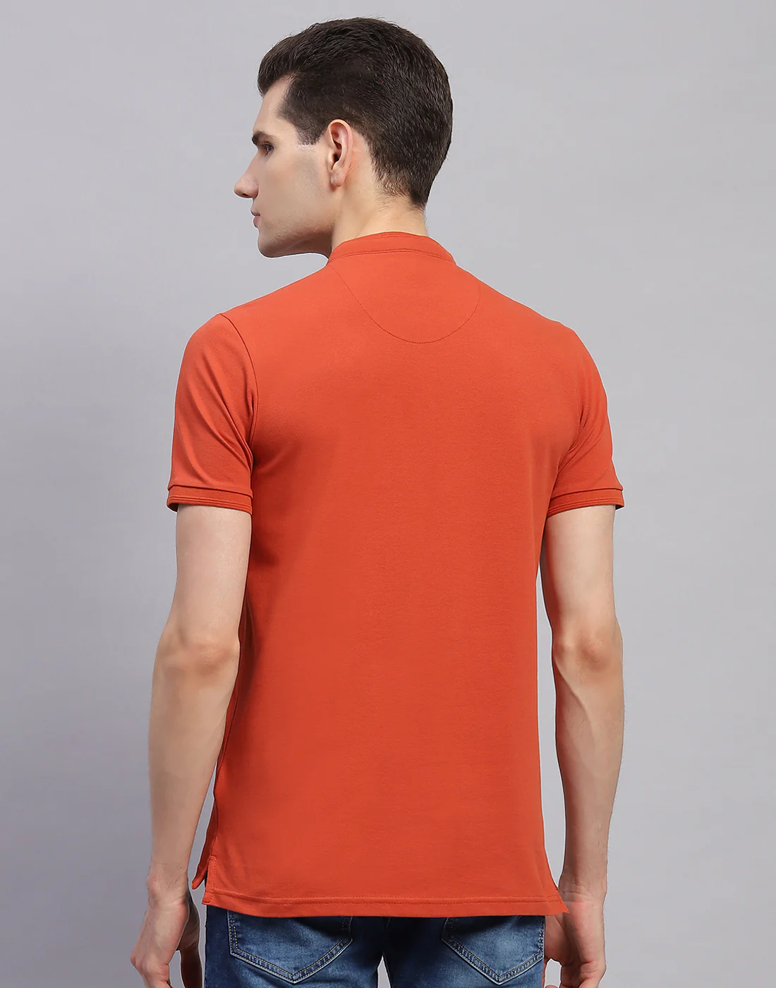 Men Orange Solid Band Collar Half Sleeve T-Shirt - Image 5