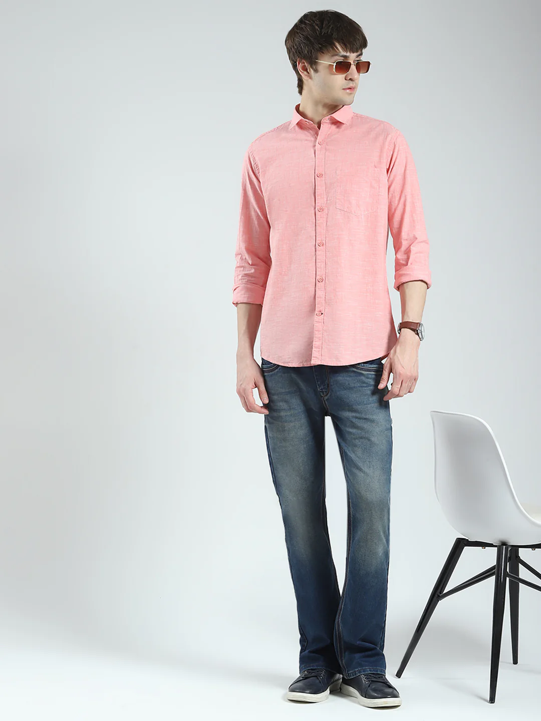 Men Orange Solid Collar Full Sleeve Shirt - Image 2