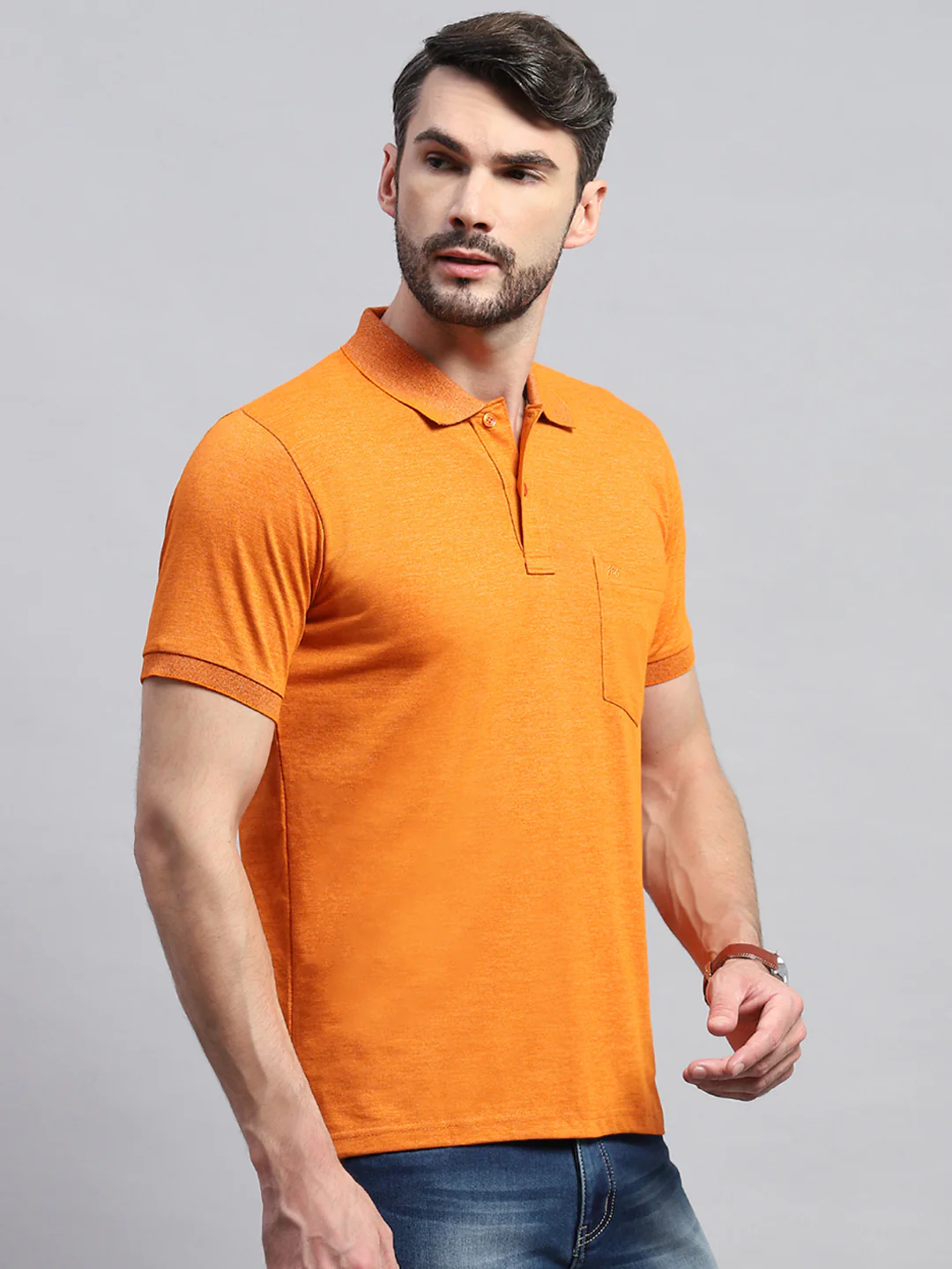 Men Orange Solid Collar Half Sleeve T-Shirt - Image 4