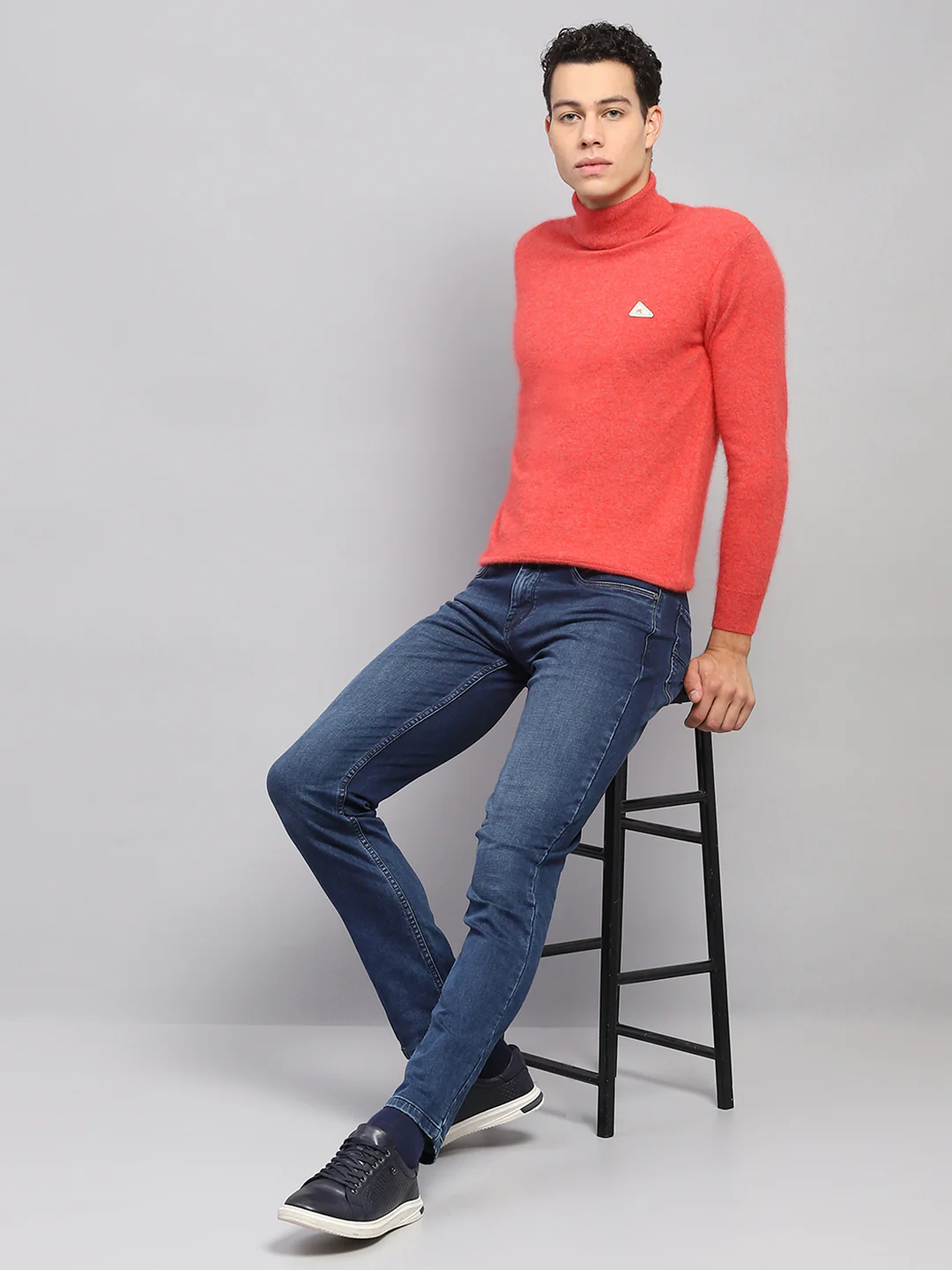 Men Orange Solid High Neck Full Sleeve Pullover - Image 2