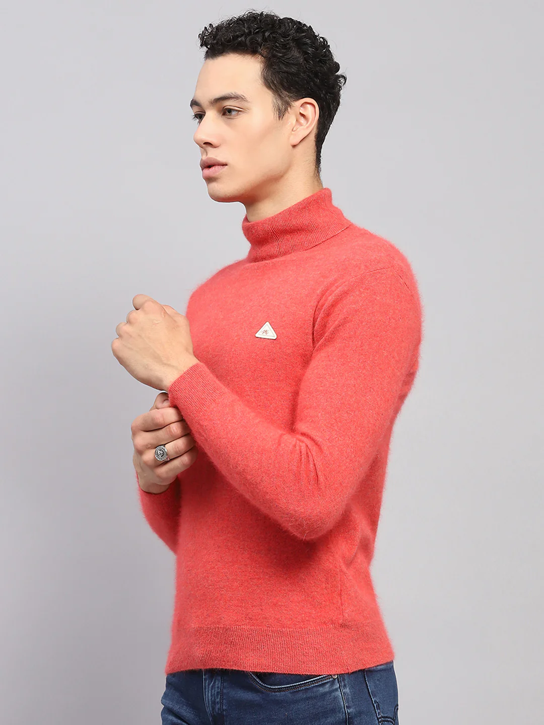 Men Orange Solid High Neck Full Sleeve Pullover - Image 3