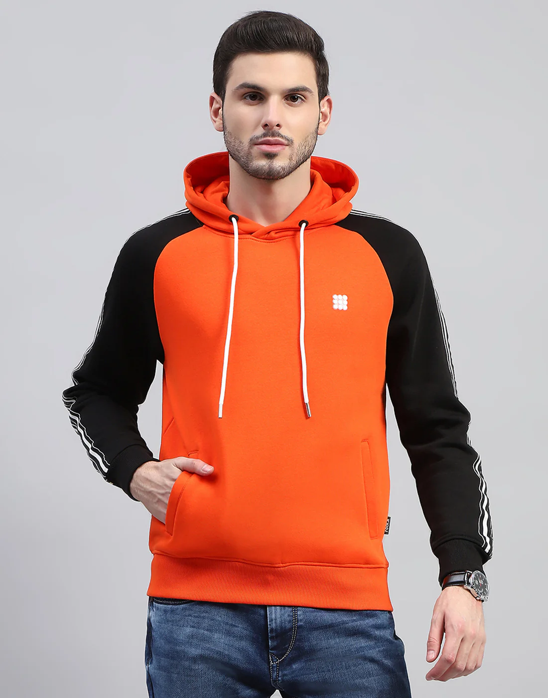 Rock.it Men Orange Solid Hooded Full Sleeve Sweatshirt - Image 2