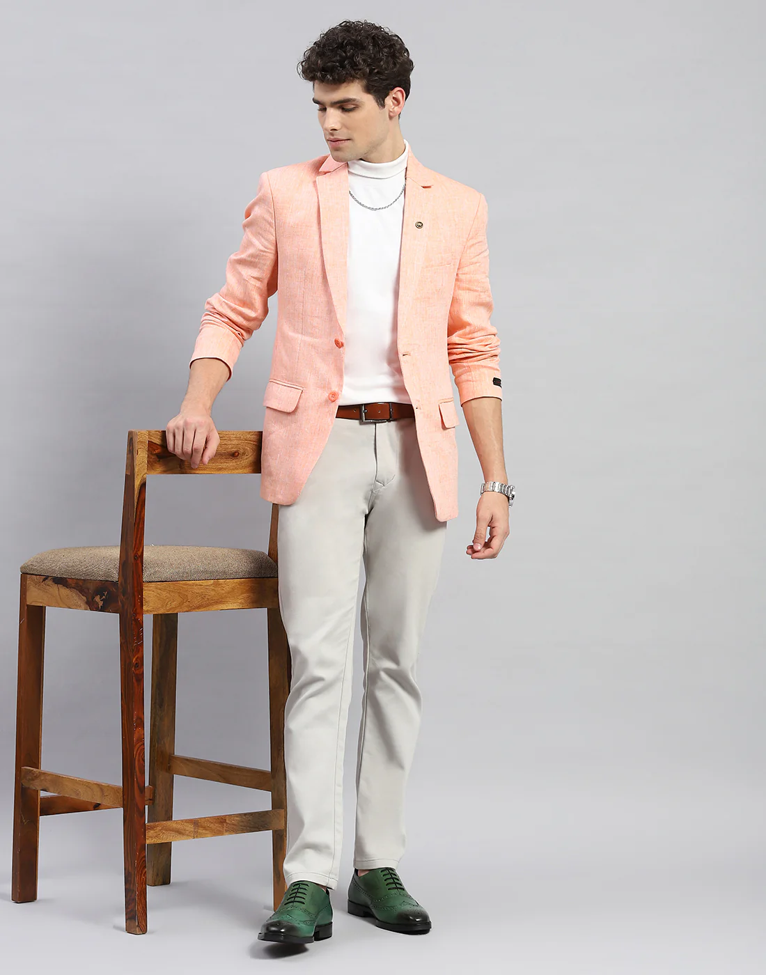 Men Orange Solid Notch Lapel Collar Full Sleeve Blazer - Image 2