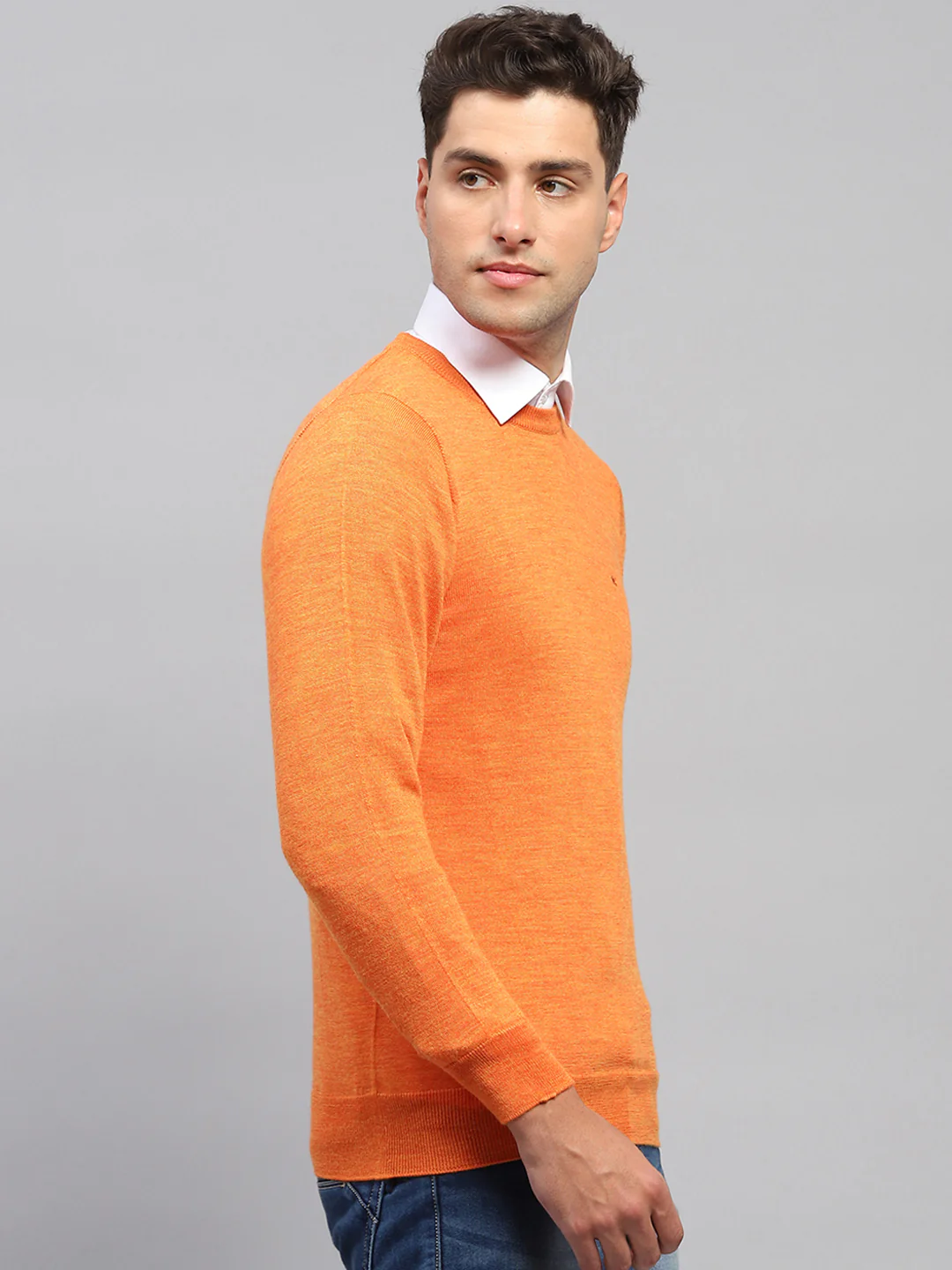 Men Orange Solid Round Neck Full Sleeve Pullover - Image 4