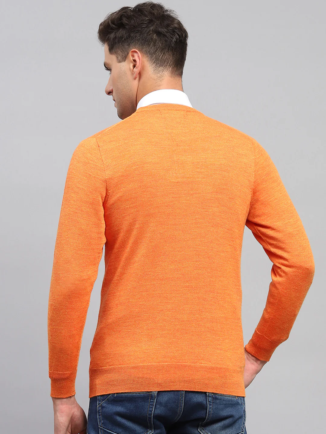 Men Orange Solid Round Neck Full Sleeve Pullover - Image 5