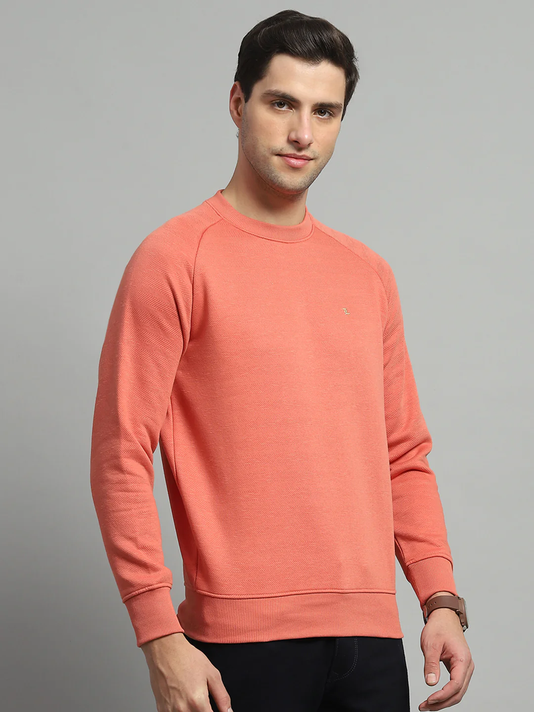 Men Orange Solid Round Neck Full Sleeve Sweatshirt - Image 4