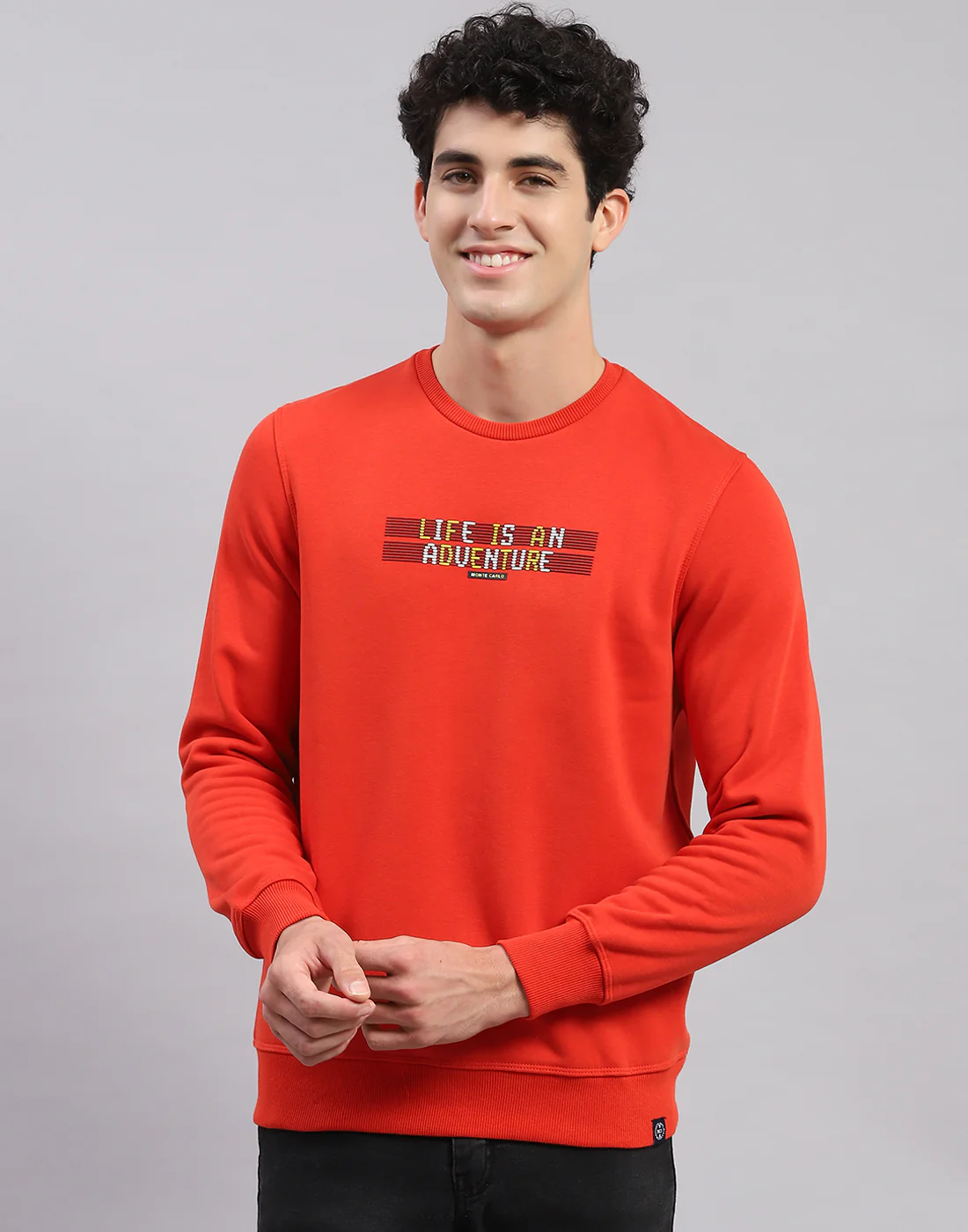 Men Orange Solid Round Neck Full Sleeve Sweatshirts - Image 2