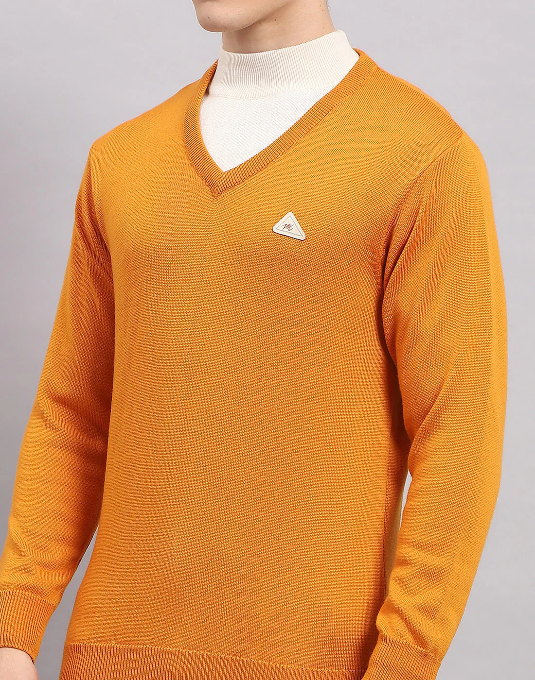 Men Orange Solid V Neck Full Sleeve Pullover - Image 6