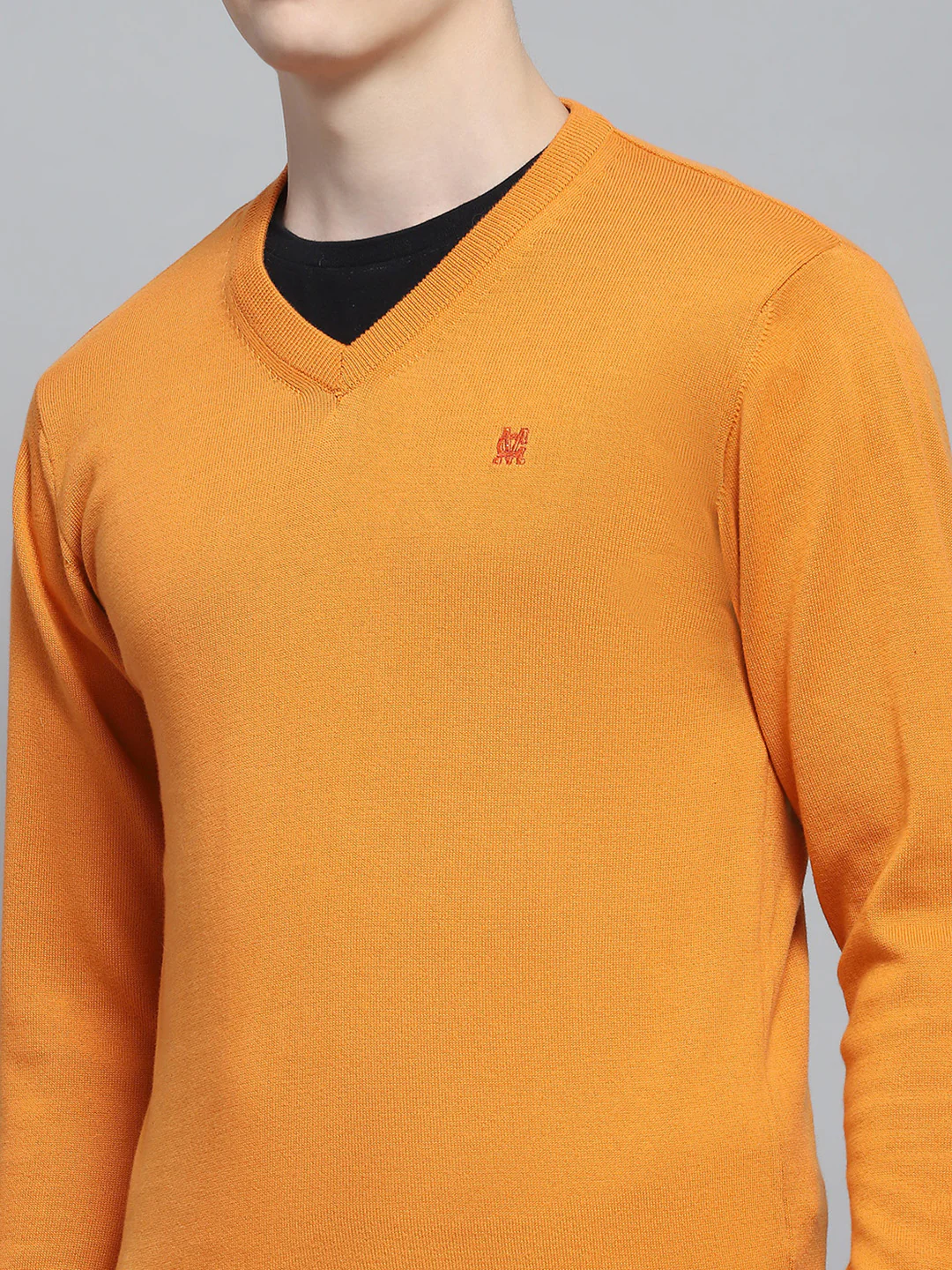 Men Orange Solid V Neck Full Sleeve Pullover - Image 7