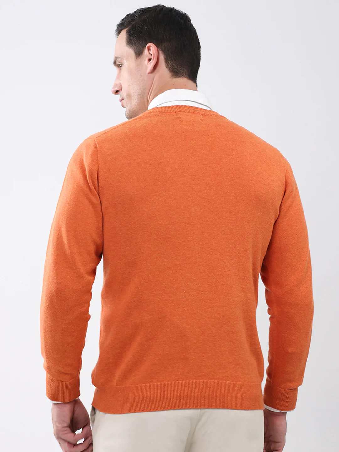 Men Orange Solid V Neck Full Sleeve Pullover - Image 5