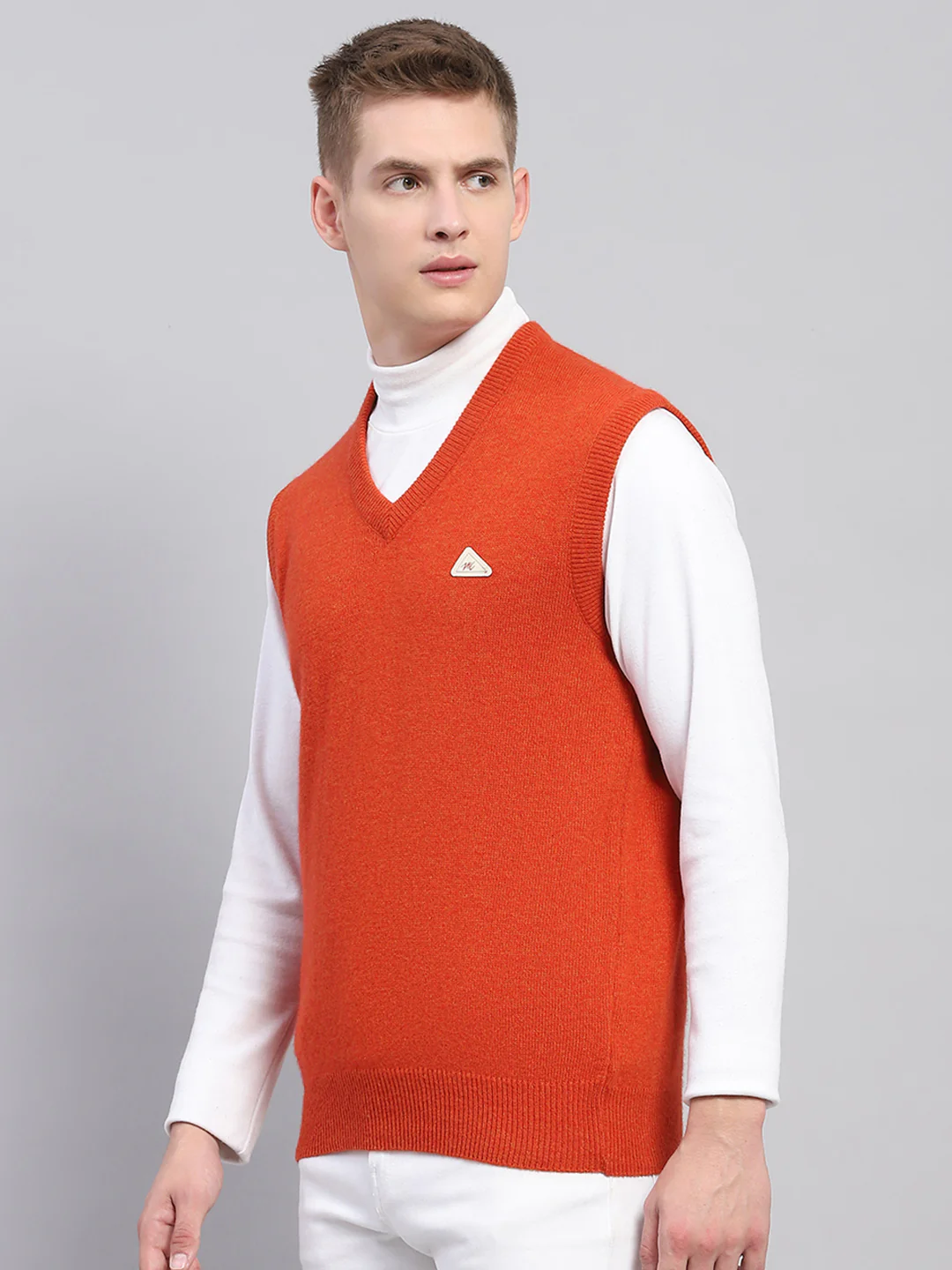 Men Orange Solid V Neck Sleeveless Sweater - Image 3