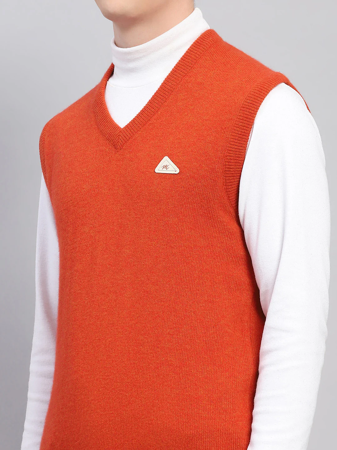 Men Orange Solid V Neck Sleeveless Sweater - Image 6
