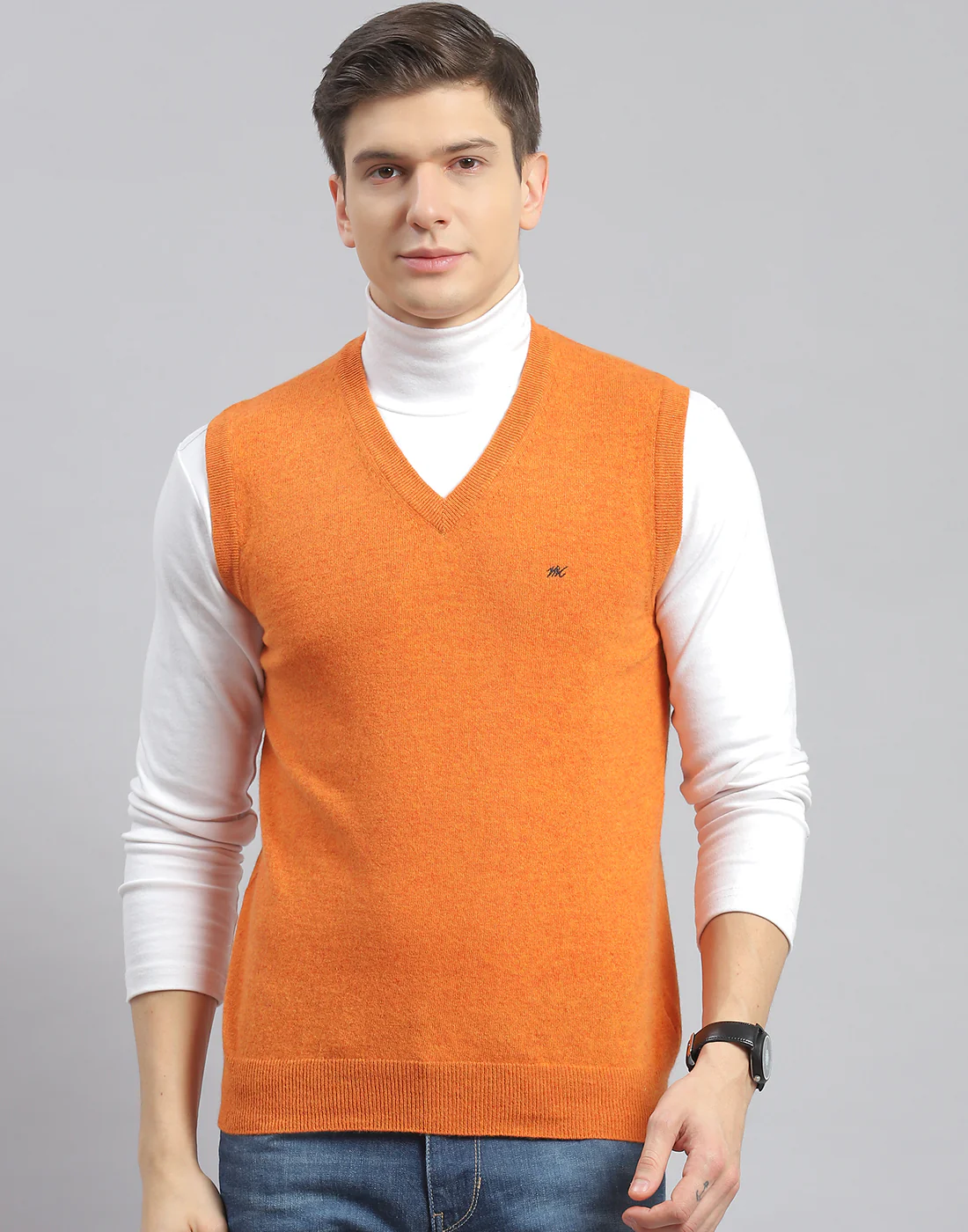 Men Orange Solid V Neck Sleeveless Sweater - Image 3