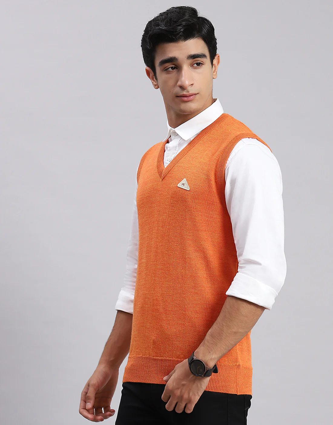 Men Orange Solid V Neck Sleeveless Sweaters/Pullovers - Image 2
