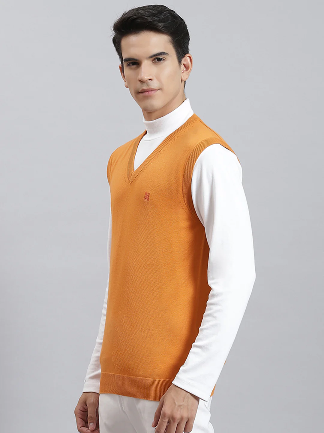 Men Orange Solid V Neck Sleeveless Sweaters/Pullovers - Image 3