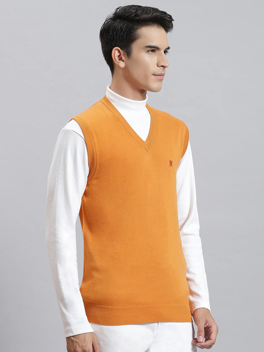 Men Orange Solid V Neck Sleeveless Sweaters/Pullovers - Image 4