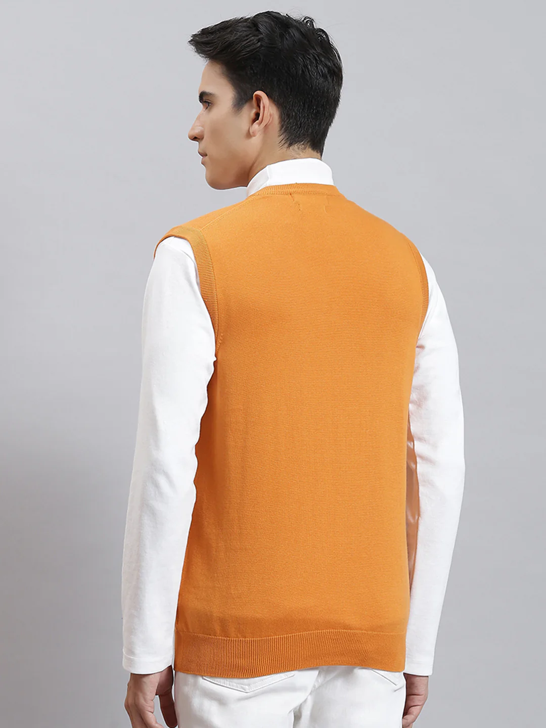 Men Orange Solid V Neck Sleeveless Sweaters/Pullovers - Image 5