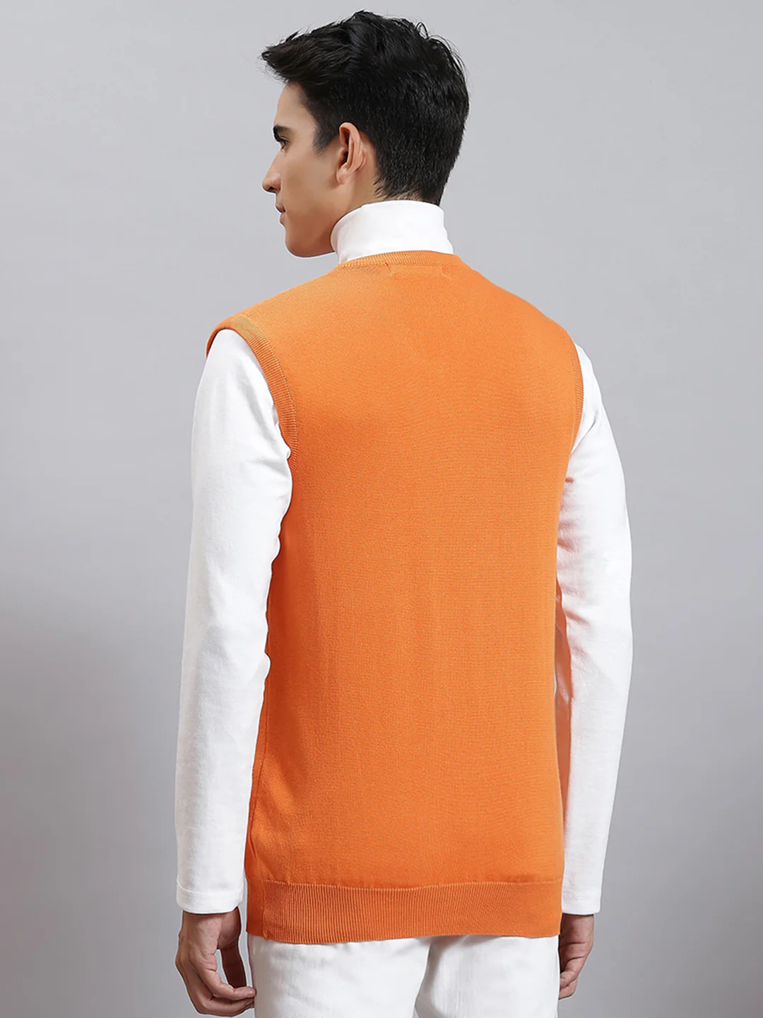 Men Orange Solid V Neck Sleeveless Sweaters/Pullovers - Image 5