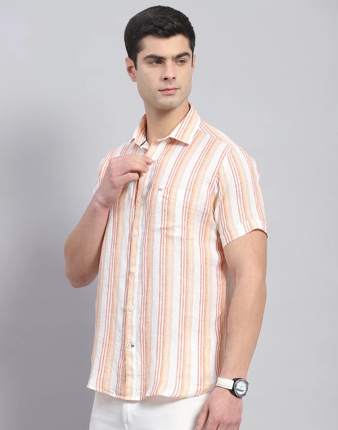 Men Orange Stripe Collar Half Sleeve Linen Shirt - Image 4