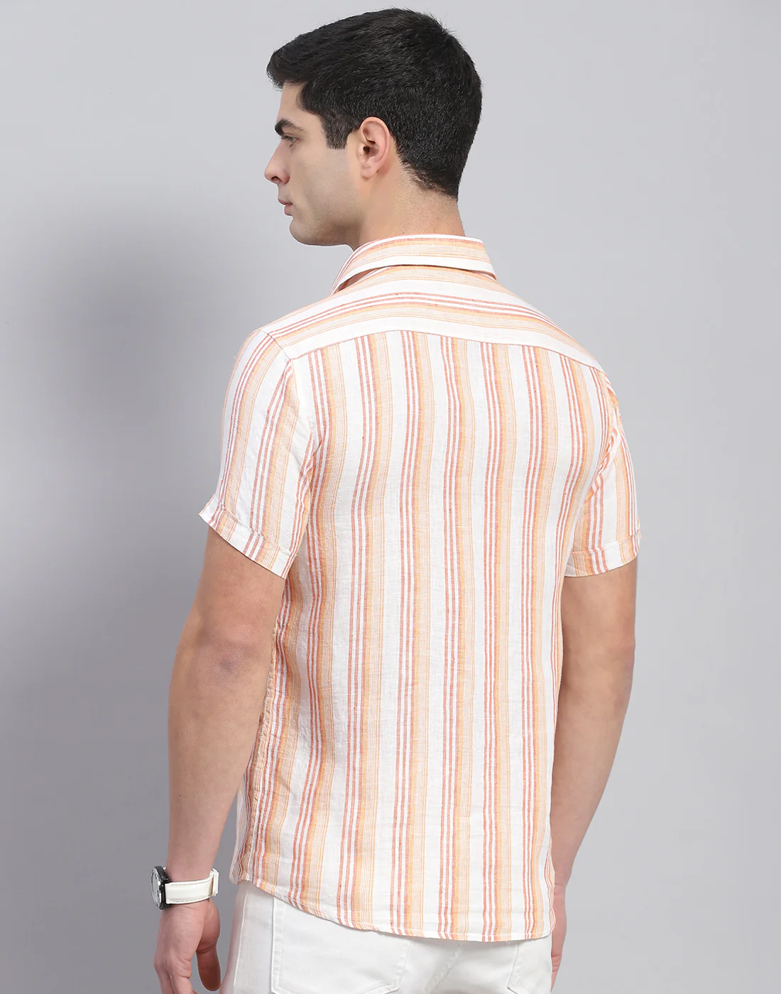 Men Orange Stripe Collar Half Sleeve Linen Shirt - Image 6